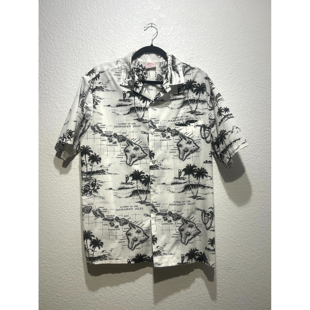 Kalena Fashions Hawaiian Shirt Mens Large Black‎ White Palm Tree Print Button Up